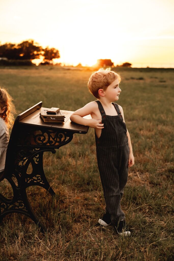 Back to School Mini Session setup in Ft Worth TX with vintage props