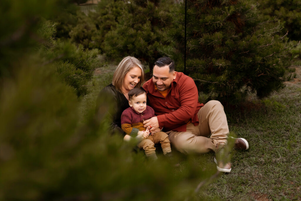 Family photo at Fort Worth Christmas tree farm with winter styling